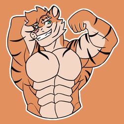  1:1 abs anthro biceps big_muscles dragonjourney felid feline flexing flexing_bicep flexing_muscles fur green_eyes lats_(muscle) male mammal muscular muscular_male pantherine pecs remmy_(colt_wolf) smile solo striped_body striped_fur stripes tiger 