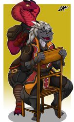  absurd_res anthro armor black_body chair clothing dragon duo furniture grey_hair hair hi_res horn male mythological_creature mythological_scalie mythology on_chair red_body reptile scalie sitting sitting_on_chair snake zak_hitsuji 