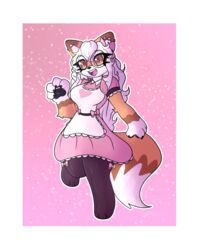  4:5 absurd_res accessory anthro border bow_ribbon breasts canid canine clothed clothing costume dress ear_piercing female fennec_fox fluffy fluffy_tail fox hair hair_accessory hair_ribbon hairbow hi_res industrial_piercing katgod101 kemono legwear lilith_(itsvalarie) looking_at_viewer maid_uniform mammal paws piercing ribbons smile solo tail thigh_highs true_fox uniform white_border 