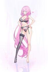  ;) absurdres black_bra black_panties black_thighhighs blue_eyes bra breasts closed_mouth elf elysia_(honkai_impact) female full_body guratan hands_on_own_hips heart highres honkai_(series) honkai_impact_3rd large_breasts lingerie long_hair navel one_eye_closed panties pink_hair pointy_ears reflective_floor single_thighhigh smile solo standing stomach thighhighs tiptoes underwear very_long_hair 