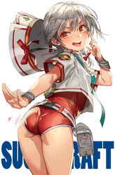  ass belt blush bodysuit braid female grey_hair hair_ornament hat highres imminent_spanking long_hair looking_at_viewer looking_back michairu original red_bodysuit shirt short_hair simple_background solo spanking_self teasing tongue tongue_out twin_braids white_background white_belt white_shirt wrist_cuffs yellow_eyes 