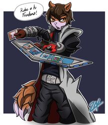  anthro bottomwear brown_body brown_eyes canid canine canis card clothing domestic_dog duel hi_res jacket male mammal pants shirt solo spanish_text tail text topwear yu-gi-oh! zak_hitsuji 