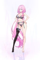  absurdres black_bra black_panties black_thighhighs blue_eyes bra breasts closed_mouth elf elysia_(honkai_impact) female full_body guratan hands_on_own_hips highres honkai_(series) honkai_impact_3rd large_breasts lingerie long_hair navel panties pink_hair pointy_ears reflective_floor single_thighhigh smile solo standing stomach thighhighs tiptoes underwear very_long_hair 