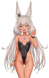  :d absurdres animal_ears ass_visible_through_thighs bare_shoulders black_leotard blush breasts brown_hair cat_ears cat_girl collarbone core_crystal_(xenoblade) covered_navel english_commentary feichu_keju female fingernails highleg highleg_leotard highres leotard long_hair nia_(blade)_(xenoblade) nia_(xenoblade) open_mouth playboy_bunny simple_background small_breasts smile solo strapless strapless_leotard tan transparent_background twintails very_long_hair w wrist_cuffs xenoblade_chronicles_(series) xenoblade_chronicles_2 yellow_eyes 