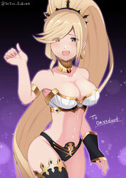  absurdly_long_hair black_panties breasts choker cleavage collarbone commission cosplay earrings fate/grand_order fate_(series) female gold_choker heterochromia high_ponytail highres hilda_(under_night_in-birth) hoop_earrings ishtar_(fate) ishtar_(fate)_(cosplay) jewelry large_breasts long_hair navel panties ponytail smile solo stomach suzuna_(najaran) swept_bangs twitter_username under_night_in-birth underwear very_long_hair 