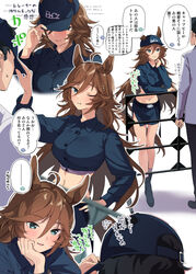  1boy ahoge animal_ears baseball_cap belt black_hair blush boc&#039;z_(umamusume) boots breasts brown_hair buttons check_translation closed_mouth collared_shirt crop_top ears_through_headwear female flying_sweatdrops green_eyes hair_between_eyes hand_on_headwear hat head_rest horse_ears horse_girl horse_tail jacket linea_alba long_hair looking_at_another midriff miniskirt misu_kasumi mr._c.b._(boc&#039;z)_(umamusume) mr._c.b._(umamusume) navel one_eye_closed open_mouth shirt short_hair side_slit skirt small_breasts smile speech_bubble sweatdrop tail trainer_(umamusume) translation_request umamusume white_jacket 