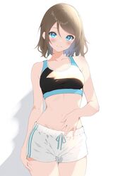  absurdres armpit_crease bare_arms bare_shoulders black_sports_bra blue_eyes blush breasts brown_hair collarbone female grey_hair groin hand_on_own_stomach hand_on_own_thigh highres looking_at_viewer love_live! love_live!_sunshine!! medium_breasts navel parted_bangs photoshop_(medium) short_hair short_shorts shorts sidelighting simple_background smile solo sports_bra sportswear stomach thighs underwear watanabe_you wavy_hair white_shorts yuukinui 