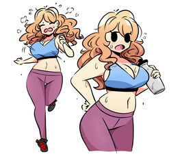  black_eyes bottle bouncing_breasts breasts cleavage closed_eyes curly_hair dripping english_commentary exercising eyelashes female flying_sweatdrops freckles hand_on_own_hip highres ida_(murgoten) jogging large_breasts long_hair looking_to_the_side mole mole_on_breast motion_lines multiple_views murgoten navel open_mouth original pants running shoes simple_background sports_bra sportswear steam stomach sweat track_pants water_bottle white_background wide_hips 