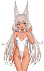  :d absurdres animal_ears ass_visible_through_thighs bare_shoulders blush breasts brown_hair cat_ears cat_girl collarbone core_crystal_(xenoblade) covered_navel english_commentary feichu_keju female fingernails highleg highleg_leotard highres leotard long_hair nia_(blade)_(xenoblade) nia_(xenoblade) open_mouth playboy_bunny simple_background small_breasts smile solo strapless strapless_leotard tan transparent_background twintails very_long_hair w white_leotard wrist_cuffs xenoblade_chronicles_(series) xenoblade_chronicles_2 yellow_eyes 