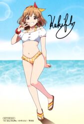  absurdres artist_name bare_shoulders beach bikini bikini_under_clothes blonde_hair blue_sky bracelet breasts brown_eyes checkered_bikini checkered_clothes cloud crop_top day earrings female flip-flops hair_ornament highres jewelry k-on! k-on!_shuffle kakifly leg_up lens_flare looking_at_viewer medium_breasts medium_hair muffin_top nail_polish navel ocean off-shoulder_shirt off_shoulder official_art outdoors sakuma_yukari sand sandals scan shirt signature sky smile solo stomach sunlight swimsuit teeth v water 