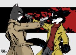  2017 anthro black_body black_fur blacksad blood blood_splatter bodily_fluids bottomwear cheek_tuft clenched_teeth clothing coat confrontation countershade_neck countershading crossover detective domestic_cat duo evil_grin eye_contact eyewear facial_tuft felid feline felis fight fur geometric_background glasses grey_body grey_fur grin gulonine gun holding_gun holding_object holding_ranged_weapon holding_weapon jack_salem john_blacksad long_coat long_tail looking_at_another male mammal marten mexican_standoff multicolored_body multicolored_fur murderer mustelid musteline pants pince-nez pointing_gun pointing_gun_at_another ranged_weapon red_clothing red_sweater red_topwear red_turtleneck sable_(marten) sharp_teeth signature simple_background slickpuppy smile standoff sweater tail teeth toony topwear trenchcoat tuft turtleneck two_tone_body two_tone_fur weapon whiskers white_body white_fur 