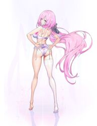  absurdres ass back black_bow blue_eyes bow bra breasts closed_mouth elf elysia_(honkai_impact) female full_body guratan hairbow hands_on_own_hips highres honkai_(series) honkai_impact_3rd kneepits large_breasts lingerie long_hair looking_at_viewer looking_back panties pink_hair pointy_ears reflective_floor single_thighhigh smile soles solo standing thighhighs tiptoes underwear very_long_hair white_bra white_panties white_thighhighs 