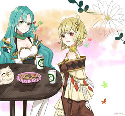  2girls :d aqua_hair armor bare_shoulders bird blonde_hair brand_name_imitation breasts brown_dress checkerboard_cookie chloe_(fire_emblem) citrinne_(fire_emblem) cleavage commentary_request cookie cup disposable_coffee_cup disposable_cup dress earrings feathers feh_(fire_emblem_heroes) fire_emblem fire_emblem_engage fire_emblem_heroes food green_eyes highres jewelry long_hair looking_at_viewer medium_breasts multiple_girls otokajife owl red_eyes short_hair shoulder_armor smile starbucks table very_long_hair 