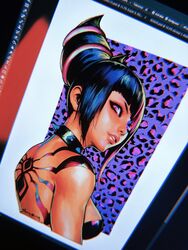  animal_print bare_shoulders black_hair border breasts collar female hair_horns halterneck highres juri_han leopard_print looking_at_viewer medium_breasts purple_eyes signature solo sozomaika spiked_collar spikes street_fighter white_border 