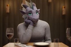  3d_(artwork) 5_fingers anthro beverage blue_eyes clothed clothing container cup cutlery date date_pov digital_media_(artwork) dinner dinner_date dinner_table dragon drinking_glass edef elbow_on_table emerson_(edef) european_mythology eyebrows fingers fork glass glass_container glass_cup heat_(vr_game) hi_res kitchen_utensils knife looking_at_viewer male mythological_creature mythological_scalie mythology purple_body reptile restaurant romantic scales scalie smile solo teeth tools western_dragon wingless_dragon yan_wiah 