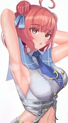  absurdres ahoge armpits arms_up belt blue_necktie blue_sailor_collar crop_top female grey_belt highres navel necktie pink_eyes pink_hair sailor_collar shirt smelly_armpits solo star_(symbol) steam steaming_body sweat sweaty_armpits tex9209 upper_body virtual_youtuber vspo! white_shirt yumeno_akari 