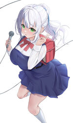  absurdres backpack bag blue_dress blush bow breasts cosplay dress female green_eyes grey_hair highres holding holding_microphone hololive indie_virtual_youtuber large_breasts looking_at_viewer microphone mochiki_927 open_mouth pinafore_dress pleated_dress ponytail randoseru red_bag red_bow shigure_ui_(vtuber) shigure_ui_(vtuber)_(cosplay) shigure_ui_(vtuber)_(young) shirogane_noel shirt shukusei!!_loli-gami_requiem sleeveless sleeveless_dress solo uniform virtual_youtuber white_shirt 