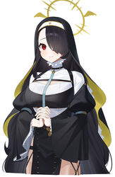  black_dress black_hair blue_archive blush breasts cleavage dress female glow_(user_hnpv7785) habit hair_over_one_eye halo highres hinata_(blue_archive) looking_at_viewer nun own_hands_together red_eyes smile solo white_background yellow_halo 