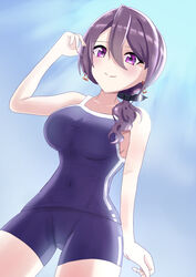  absurdres alternate_costume bare_shoulders black_ribbon blue_one-piece_swimsuit breasts competition_school_swimsuit earrings female hair_between_eyes hair_ribbon highres jewelry large_breasts long_hair looking_at_viewer magune one-piece_swimsuit purple_eyes purple_hair ribbon school_swimsuit single_vertical_stripe smile solo swimsuit tracen_swimsuit tsurugi_ryoka umamusume 