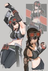  adjusting_hair ahoge armpits asymmetrical_gloves belt black_gloves black_hair black_pants breasts cleavage closed_eyes commentary crop_top english_commentary explosive female fingerless_gloves gloves goggles goggles_on_head grace_howard grenade grenade_pin_in_mouth grey_background grey_gloves grin hair_between_eyes halfbakelim highres holding holding_grenade large_breasts looking_at_viewer medium_hair midriff mismatched_gloves multiple_views navel no_ahoge pants pouch red_eyes reference_inset shoulder_tattoo sideboob simple_background smile stretching tattoo tears thigh_pouch torn_clothes zenless_zone_zero zipper 