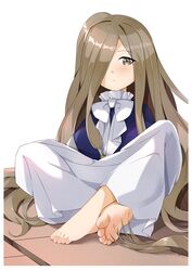  absurdres barefoot blush bow brown_eyes brown_hair chashuwu chinese_commentary commentary_request dress feet female hair_over_one_eye highres long_bangs long_hair on_floor sense_(sousou_no_frieren) sitting soles solo sousou_no_frieren toenails toes very_long_hair white_bow white_dress 