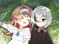  2girls :d ^_^ ahoge arlecchino_(genshin_impact) bare_shoulders black_bow black_bowtie black_hair bow bowtie clervie_(genshin_impact) closed_eyes commentary dress genshin_impact grass hair_over_one_eye hairband jewelry kaxukin multicolored_hair multiple_girls off-shoulder_dress off_shoulder open_mouth pendant pink_hair short_sleeves smile streaked_hair upper_body white_dress white_hair white_hairband 