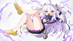  absurdres ahoge black_bra blush bra breasts cleavage_cutout clothing_cutout crocs dress female grey_hair hair_between_eyes hair_ornament henya_the_genius henya_the_genius_(1st_costume) highres jacket kaminose_(user_veum4325) long_hair open_mouth partially_unzipped purple_dress purple_jacket ribbon rubik&#039;s_cube sleeveless sleeveless_dress small_breasts solo thighs twitter_username underwear virtual_youtuber vshojo yellow_eyes yellow_footwear yellow_ribbon 