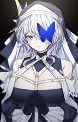  arknights bare_shoulders black_gloves blue_eyes breasts commentary_request crying crying_with_eyes_open female gloves grey_hair habit highres hyeroin large_breasts long_sleeves looking_at_viewer medium_hair nun official_alternate_costume own_hands_together solo tears upper_body whisperain_(arknights) whisperain_(priory_of_abyss)_(arknights) 