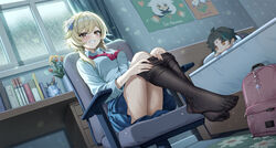  alternate_costume bedroom black_pantyhose blonde_hair blush breasts chair clothes_pull feet female flower genshin_impact hair_between_eyes hair_flower hair_ornament highres indoors looking_at_viewer lumine_(genshin_impact) necktie no-ba paimon_(genshin_impact) pantyhose pantyhose_pull pleated_skirt poster_(object) rain red_necktie school_uniform short_hair_with_long_locks sitting skirt smile solo wet wet_clothes wet_pantyhose xiao_(genshin_impact) yellow_eyes 