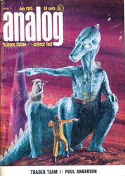  1965 20th_century ambiguous_gender analog_science_fiction ancient_art anthro cover digital_media_(artwork) english_text group hi_res human john_schoenherr lizard magazine_cover mammal mixed_media procyonid raccoon reptile scalie smile tail text traditional_media_(artwork) trio 