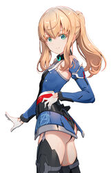  alice_gear_aegis blonde_hair blue_bodysuit bodysuit closed_mouth commentary_request female flat_chest gloves green_eyes hand_on_own_hip highres leotard looking_at_viewer noelle_francesca pinakes ponytail smile solo white_background white_gloves 