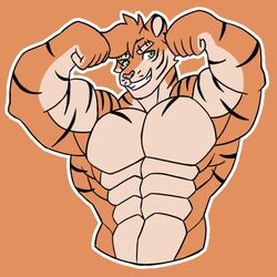  1:1 abs anthro biceps big_muscles dragonjourney felid feline flexing flexing_bicep flexing_both_biceps flexing_muscles fur green_eyes male mammal muscular muscular_male pantherine pecs remmy_(colt_wolf) smile solo striped_body striped_fur stripes tiger 