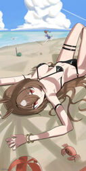  3girls ahiru3desuyo alternate_costume animal_ears ball beach beachball bikini blue_one-piece_swimsuit blue_sky bracelet breasts brown_hair cleavage closed_mouth cloud cloudy_sky commentary_request competition_school_swimsuit competition_swimsuit crab dappled_sunlight ear_ornament gold_ship_(umamusume) hair_between_eyes highres horse_ears horse_girl horse_tail jewelry knees_up large_breasts legs_up looking_at_viewer lying medium_breasts multicolored_hair multiple_girls o-ring o-ring_bikini ocean on_back on_ground one-piece_swimsuit red_eyes running sand school_swimsuit sirius_symboli_(umamusume) sky smile solo_focus streaked_hair sunlight swimsuit tail thigh_strap tokai_teio_(umamusume) tracen_swimsuit umamusume water white_hair 