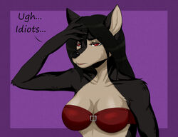  anthro black_hair bra breasts canid canine claws clothing collarbone colored dainerissindra female fox fur hair hand_on_head looking_at_viewer mammal nails open_mouth red_eyes solo text the_sake_ninja tongue true_fox underwear 