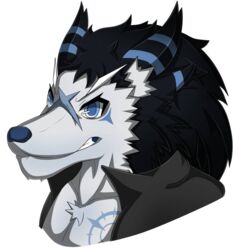  anthro black_hair blue_eyes bust_portrait canid canine canis clothed clothing colored digital_media_(artwork) eyebrows facial_scar hair male mammal portrait scar simple_background solo teeth white_background white_body wolf zak_(zak_hitsuji) zak_hitsuji 