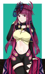  asymmetrical_pants black_choker black_pants black_thighhighs breasts choker collarbone commentary cowboy_shot crop_top facial_mark female fire_emblem fire_emblem_engage green_background hand_up highres ivy_(fire_emblem) large_breasts leggings long_hair long_sleeves looking_at_viewer midriff navel otokajife pants purple_eyes purple_hair sage_outfit_(fire_emblem_engage) shirt shrug_(clothing) single_thighhigh solo standing stomach thighhighs thighs very_long_hair yellow_shirt 