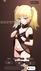  absurdres aged_down alternate_breast_size ani_(xai) asymmetrical_legwear black_bow black_bra black_gloves black_panties blonde_hair blue_eyes blush bow bow_panties bra brown_background chromatic_aberration commentary english_commentary eyelashes female finger_to_mouth fishnet_thighhighs fishnets flat_chest gloves grin highres kiari_art lifting_own_clothes lingerie long_eyelashes long_hair looking_at_viewer mismatched_legwear navel panties parted_lips see-through_clothes shirt shushing simple_background smile solo standing thigh_strap thighhighs twintails twitter underwear white_shirt xai_(company) 