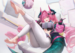  +_- absurdres arknights arknights:_endfield ass barefoot black_gloves black_horns black_tail breasts commentary_request commission cone_hair_bun diamond_in_eye feet female gloves hair_bun hair_intakes hair_on_horn highres horns index_finger_raised large_breasts large_tail legs long_hair long_sleeves looking_at_viewer midriff multicolored_horns navel one_eye_closed open_mouth pants pink_gloves pink_horns puffy_long_sleeves puffy_sleeves purple_eyes see-through_clothes see-through_sleeves smile solo sparkling_eyes tail toes two-tone_gloves two-tone_horns uof very_long_hair white_pants yvonne_(arknights) 