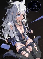  ? ?? alternate_costume ankle_boots armpit_cutout belt belt_pouch black_boots black_gloves black_thighhighs boots breasts captured clothing_cutout commentary cone_hair_bun double_bun english_commentary english_text female fingerless_gloves gloves grey_hair gurumie hair_bun high_heels highres hololive hololive_indonesia leash leash_pull leotard long_hair medium_breasts multicolored_leotard navel open_mouth pouch purple_eyes sitting solo speech_bubble thigh_belt thigh_strap thighhighs torn_clothes torn_thighhighs two-tone_leotard vestia_zeta virtual_youtuber wariza zipper zipper_pull_tab 