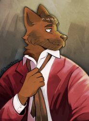  2024 adjusting_tie brown_background brown_eyebrows brown_eyes brown_hair brown_necktie brown_nose canid canine canis cheek_tuft clothed clothed_male clothing collared_shirt dress_shirt eyebrow_whiskers eyebrows facial_tuft fluffy fully_clothed fully_clothed_male hair half-length_portrait looking_aside male mammal neck_tuft necktie nikoli_volk portrait red_clothing red_suit red_suit_jacket shirt short_hair signature simple_background smile solo suit suit_jacket thesketchfox topwear tuft whisker_spots whiskers white_dress_shirt wolf 