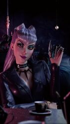  3d absurdres arm_under_breasts bed bed_sheet bedroom black_choker black_eyeshadow black_suit blurry blurry_foreground breasts chair choker claw_(weapon) cleavage clenched_hand commentary cone_hair_bun cup dark_background demon_girl earrings english_commentary evelynn_(league_of_legends) eyeshadow female finger_claws formal_clothes gem gold_earrings gradient_eyeshadow green_eyeshadow hair_bun hand_up head_tilt highres hoop_earrings indoors jewelry k/da_(league_of_legends) k/da_all_out_evelynn league_of_legends leather_suit long_hair long_sleeves looking_at_viewer makeup mature_female medium_breasts necklace nose oerba_yun_fang on_chair pale_skin parted_lips pillow pointed_bangs purple_claws purple_eyeshadow purple_gemstone purple_lips saucer screenshot shiny_clothes silver_claws sitting slit_pupils solo spiked_choker spikes studded_choker suit teacup teeth the_baddest_evelynn tooth_necklace two-tone_eyeshadow upper_body v-bangs weapon white_hair yellow_eyes 