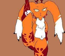  anthro antlers ass brown_background brown_body candy chest_tuft chocolate dessert ear_piercing ear_ring fakemon female floppy_ears food fur gloves_(marking) horn jackalope lagomorph looking_at_viewer mammal markings narrowed_eyes navel neck_tuft on_one_leg orange_body orange_fur peeps piercing pose raised_leg_grab red_eyes ring_piercing simple_background solo standing stretching theonetruesinner torrifudge_(theonetruesinner) tuft white_body white_fur yellow_sclera 