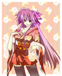  aqua_(prescott) black_thighhighs breasts brown_background commentary_request cowboy_shot female floral_background green_eyes highres japanese_clothes kimono long_hair looking_at_viewer medium_breasts obi obijime open_mouth orange_kimono orange_sash original purple_hair red_ribbon ribbon sash short_kimono smile solo thighhighs very_long_hair 