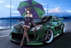 absurdres against_vehicle alternate_costume areola_slip asymmetrical_dress azur_lane backless_dress backless_outfit bare_shoulders black_choker black_hair blue_sky blush breasts bridge brown_thighhighs car checkered_clothes checkered_dress checkered_footwear checkered_gloves choker cleavage closed_mouth clothing_cutout cloud collarbone commentary company_name copyright_name country_connection crossed_legs day dress elbow_gloves electronic_arts eyelashes feet female gloves green_car green_trim high_heels highres hip_vent holding holding_shoes holding_umbrella holding_unworn_clothes horns japan kawaguchiko_bridge kcar66t key lamppost large_breasts latex latex_dress latex_gloves latex_skirt leaning_against_vehicle legs light_smile logo long_hair microdress motor_vehicle mount_fuji mountain mountainous_horizon need_for_speed need_for_speed:_underground_2 nissan nissan_350z nissan_fairlady_z no_bra no_shoes noshiro_(azur_lane) on_car outdoors partially_fingerless_gloves pencil_dress pencil_skirt purple_eyes purple_gloves purple_shoes race_queen railing real_world_location revealing_clothes revision road seamed_legwear see-through_clothes see-through_dress shiny_clothes shoes side_cutout single_shoe single_strap skin_tight skindentation skirt sky sleeveless sleeveless_dress smile solo sports_car spread_toes stance_(vehicle) strappy_heels taut_clothes taut_dress thighhighs tight_clothes toes tree umbrella unworn_shoes vehicle_focus very_long_hair zettai_ryouiki 