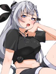  black_shirt black_shorts blue_eyes braid breasts cone_hair_bun female grey_hair hair_bun highleg highleg_panties highres hololive hololive_indonesia long_hair manab_(manab101) medium_breasts midriff navel panties shirt shorts sweat tied_shirt underwear vestia_zeta virtual_youtuber white_background 