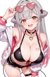  absurdres arm_up armpits bare_shoulders belt bent_over bikini black_bikini black_choker breast_tattoo breasts choker cleavage cone_hair_bun cowboy_shot cropped_legs daysss demon_tail eyewear_on_head female frills front-tie_bikini_top front-tie_top gradient_hair grey_hair hair_bun halterneck heart heart-shaped_eyewear heart_choker highres huge_breasts indie_virtual_youtuber jacket large_breasts leaning_forward long_hair looking_at_viewer multicolored_hair navel off_shoulder open_clothes open_jacket open_mouth pink_hair skindentation smile solo standing stomach streaked_hair string_bikini sunglasses suou_patra swimsuit tail tattoo teeth thigh_belt thigh_strap transparent_background upper_teeth_only white_jacket yellow_eyes 