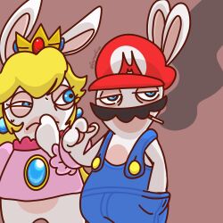  1:1 2022 3_fingers anthro arms_bent artist_name black_facial_hair black_mustache blonde_hair blue_clothing blue_ear_piercing blue_overalls bottomless bottomless_anthro brown_background cigarette cigarette_in_mouth clothed clothed_anthro clothed_female clothed_male clothing colored covering covering_mouth crossover crown digital_drawing_(artwork) digital_media_(artwork) duo ear_piercing english_description eyelashes facial_hair female fingers flyinurfries fur gem hair half-closed_eyes hand_in_pocket hand_pawpads hat headgear headwear hi_res lagomorph long_ears long_hair looking_at_another male mammal mario_bros mario_plus_rabbids_kingdom_battle moustache multicolored_body narrowed_eyes nintendo object_in_mouth overalls pawpads piercing pink_clothing pink_shirt pink_topwear pockets rabbid rabbid_mario rabbid_peach raving_rabbids rayman_(series) red_clothing red_hat red_headwear ruby_(gem) sapphire_(gem) shaded shirt shirtless_anthro shirtless_male simple_background squint tan_body tan_eyelids tan_inner_ear tan_pawpads tan_skin text tired_eyes topwear two_tone_body ubisoft white_body white_fur 
