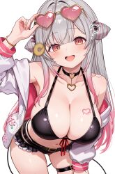  ? @_@ absurdres arm_up armpits bare_shoulders belt bent_over bikini black_bikini black_choker breast_tattoo breasts choker cleavage coin coin_on_string cone_hair_bun cowboy_shot cropped_legs daysss demon_tail eyewear_on_head female frills front-tie_bikini_top front-tie_top gradient_hair grey_hair hair_bun halterneck heart heart-shaped_eyewear heart_choker highres huge_breasts hypnosis indie_virtual_youtuber jacket large_breasts leaning_forward long_hair looking_at_viewer mind_control multicolored_hair navel off_shoulder open_clothes open_jacket open_mouth pink_hair simple_background skindentation smile solo standing stomach streaked_hair string_bikini sunglasses suou_patra swimsuit tail tattoo teeth thigh_belt thigh_strap upper_teeth_only white_background white_jacket yellow_eyes 