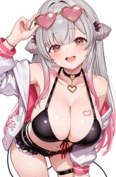  absurdres arm_up armpits bare_shoulders belt bent_over bikini black_bikini black_choker breast_tattoo breasts choker cleavage cone_hair_bun cowboy_shot cropped_legs daysss demon_tail eyewear_on_head female frills front-tie_bikini_top front-tie_top gradient_hair grey_hair hair_bun halterneck heart heart-shaped_eyewear heart_choker highres huge_breasts indie_virtual_youtuber jacket large_breasts leaning_forward long_hair looking_at_viewer multicolored_hair navel off_shoulder open_clothes open_jacket open_mouth pink_hair simple_background skindentation smile solo standing stomach streaked_hair string_bikini sunglasses suou_patra swimsuit tail tattoo teeth thigh_belt thigh_strap upper_teeth_only white_background white_jacket yellow_eyes 