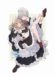  1boy apron bloomers bow brown_background brown_bow brown_eyes brown_hair brown_shoes crossdressing crossdressing_(mtf) dotted_line dress duster eyepatch female frilled_apron frilled_dress frills grey_hair hair_over_one_eye highres holding ikeuchi_tanuma knees_together_feet_apart loic_valentz maid maid_apron maid_headdress male_maid medical_eyepatch original red_eyes red_shoes shoe_soles shoes thighhighs tino_ashberry twintails twitter_username two-tone_background white_apron white_background white_bloomers white_thighhighs 